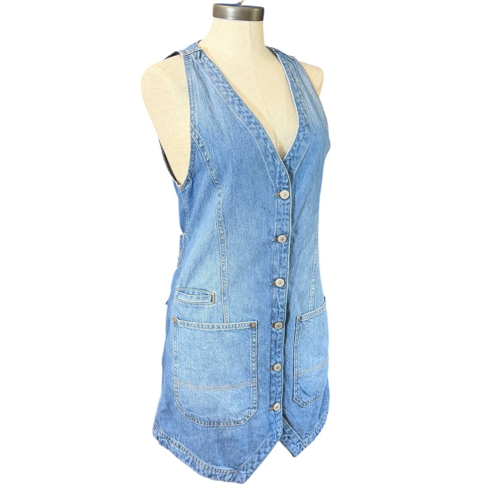 We The Free Free People Light Wash Denim Button Front Vest Mini Dress Medium - Picture 3 of 10